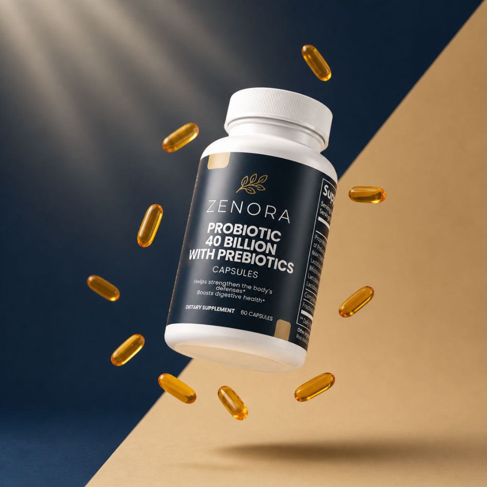 Zenora Probiotic supplement bottle with floating capsules for digestive health support