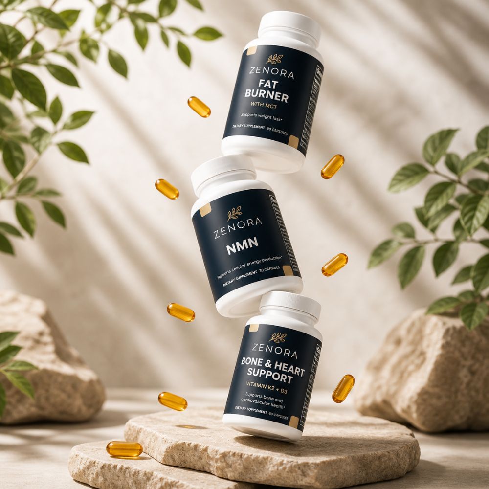 Zenora wellness supplements including NMN, Fat Burner, and Bone & Heart Support capsule