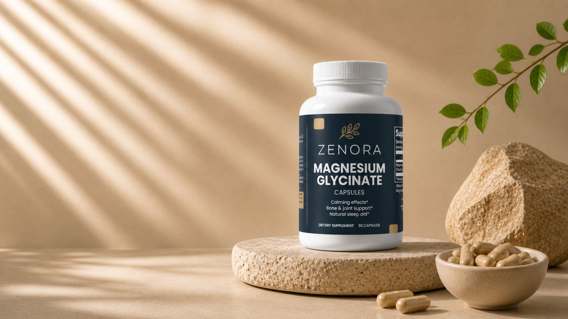 Zenora Magnesium Glycinate supplement bottle with capsules on natural background